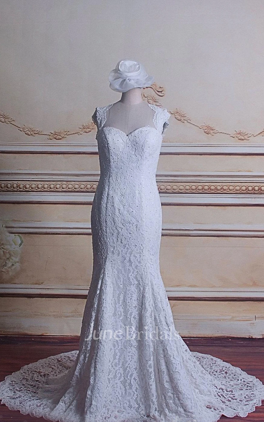 Trumpet Cap Sleeve Lace Satin Dress With Beading Keyhole Back