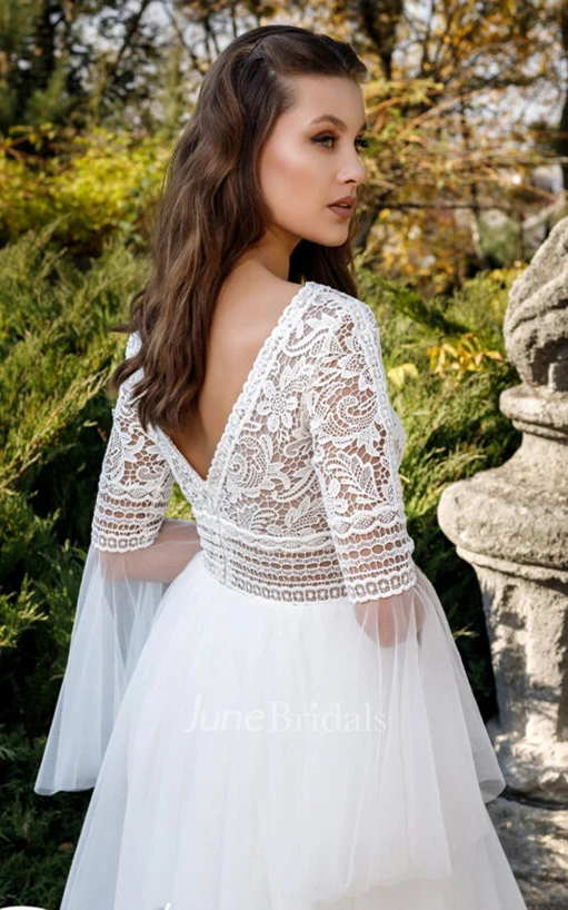 Bohemian A Line Plunging Neck Tulle Sweep Train Spring Wedding Dress with Appliques