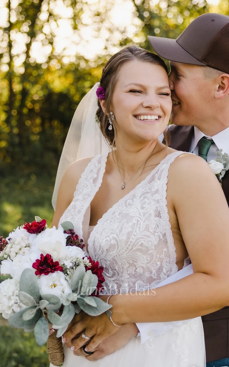 Tulle Plunging Neckline A-Line Simple Sexy Spring Wedding Dress With Low-V Back And Appliques