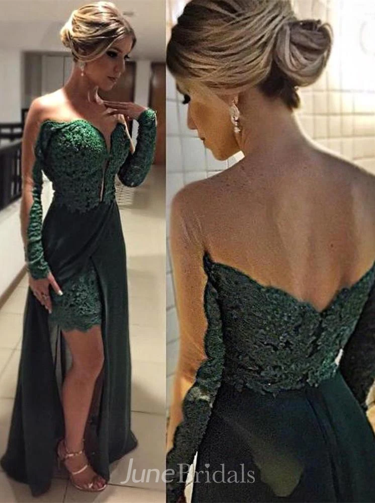 Elegant Long Sleeve Green Evening Dresses Skirt Long Lace Appliques