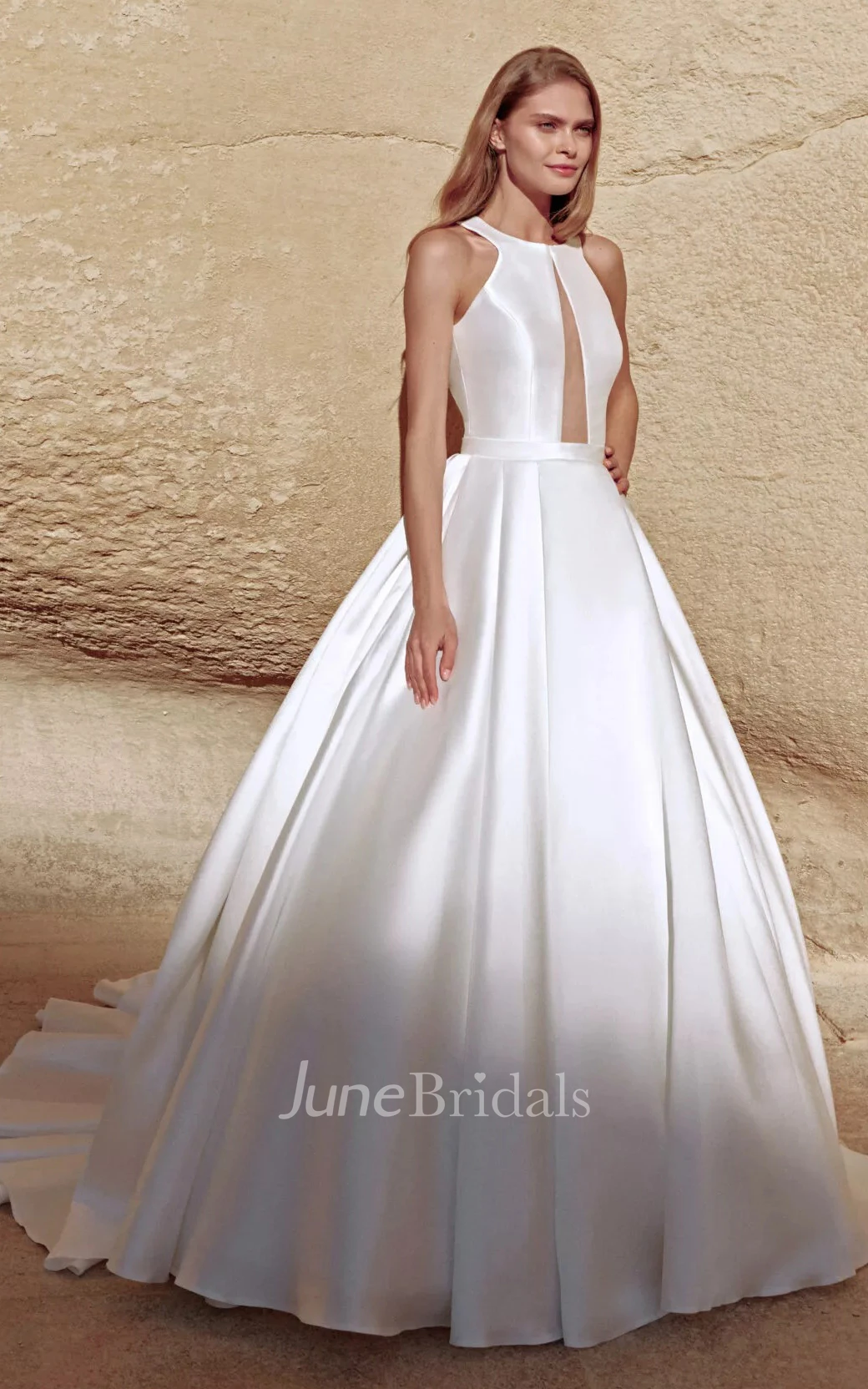 Romantic Satin Sleeveless Court Train Ball Gown Halter Wedding Dress with Ruching