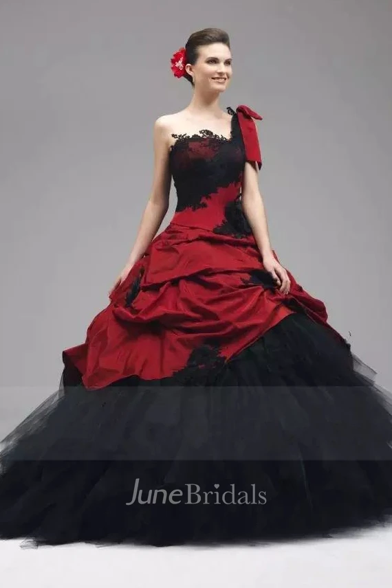 Ball Gown One-shoulder Taffeta Tulle Floor-length Sleeveless Wedding Dress with Appliques and Ruffles