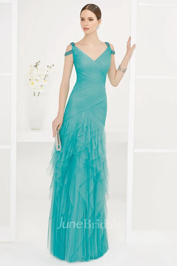 V Neck V Back Tiered Tulle Long Prom Dress With Beaded Straps