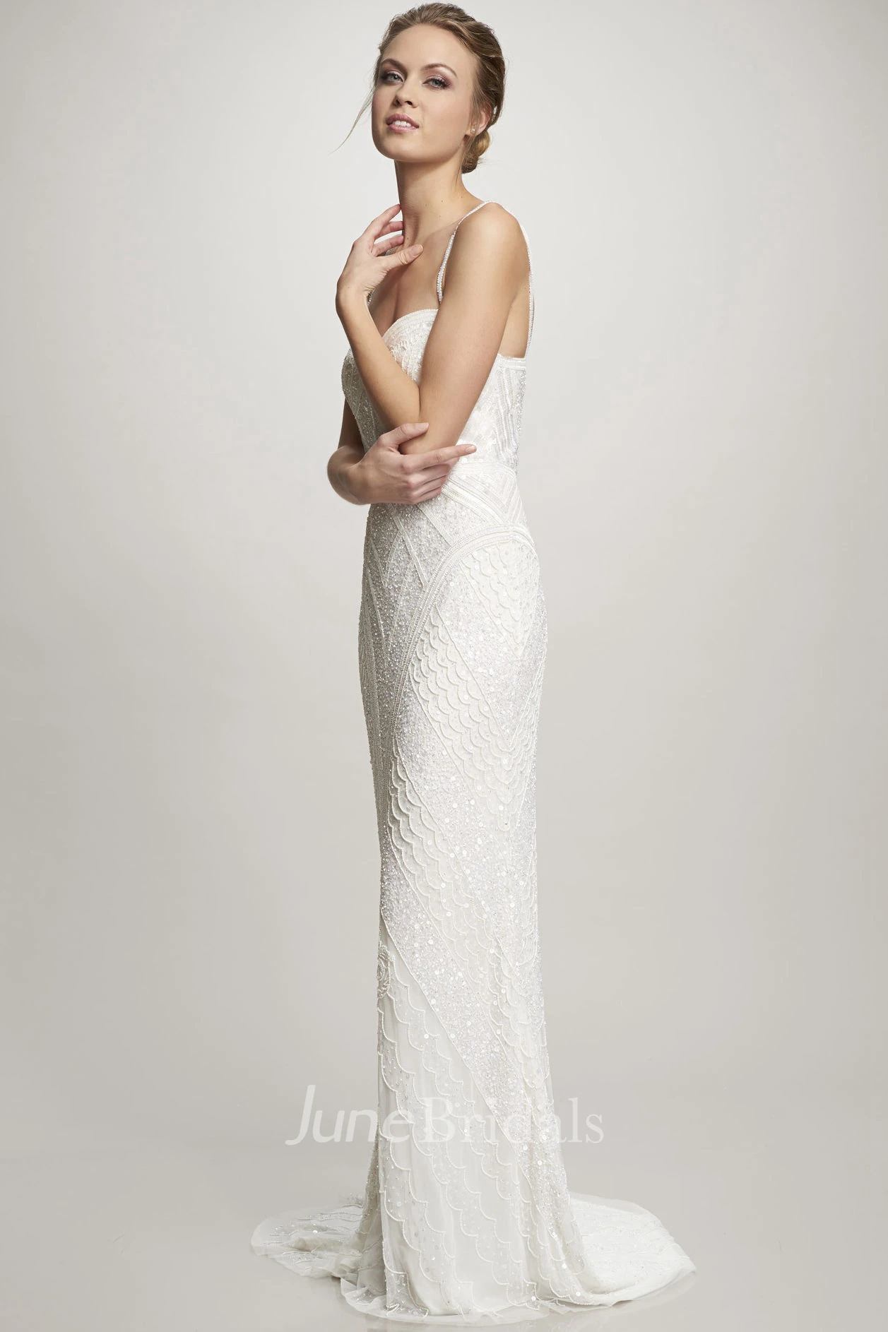Maxi Spaghetti Beaded Chiffon Wedding Dress With Sweep Train