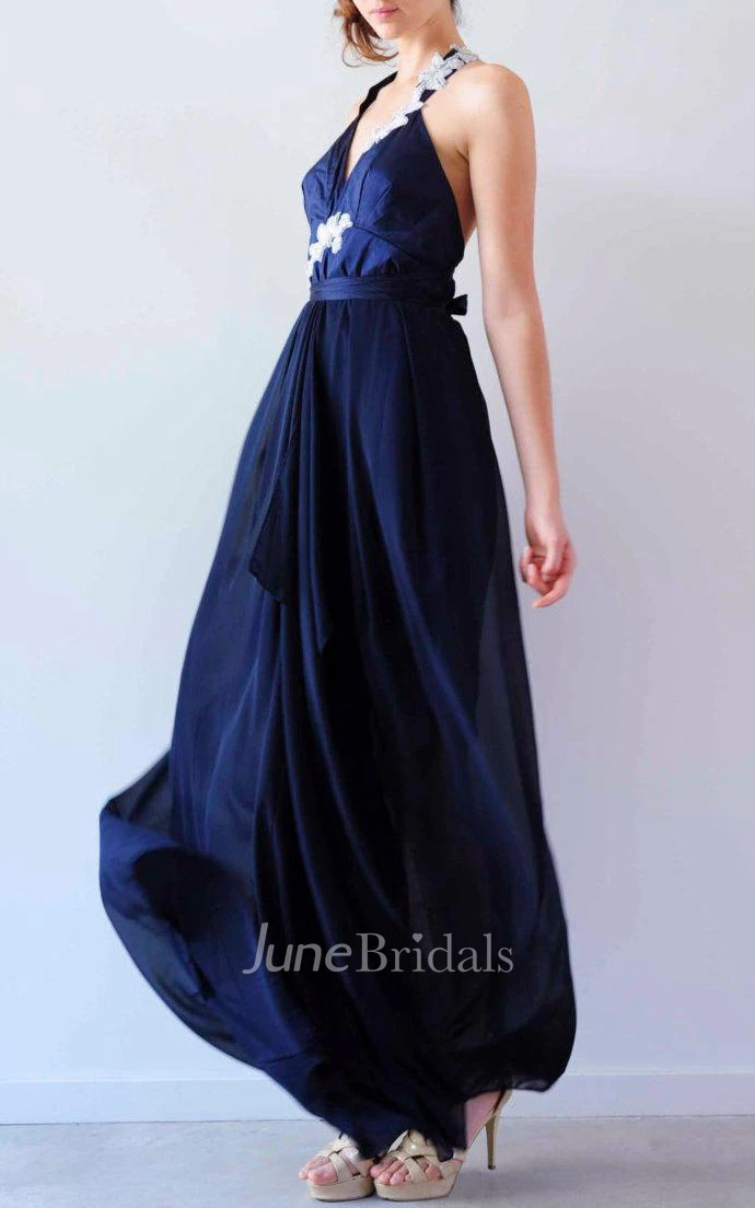 Deep V Neck Halter Backless Navy Blue Dress