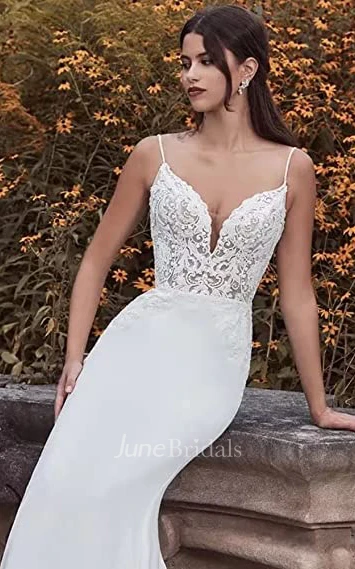Mermaid Spaghetti Satin Winter Wedding Dress Casual Sexy Elegant Country With Open Back And Sleevesless And Appliques