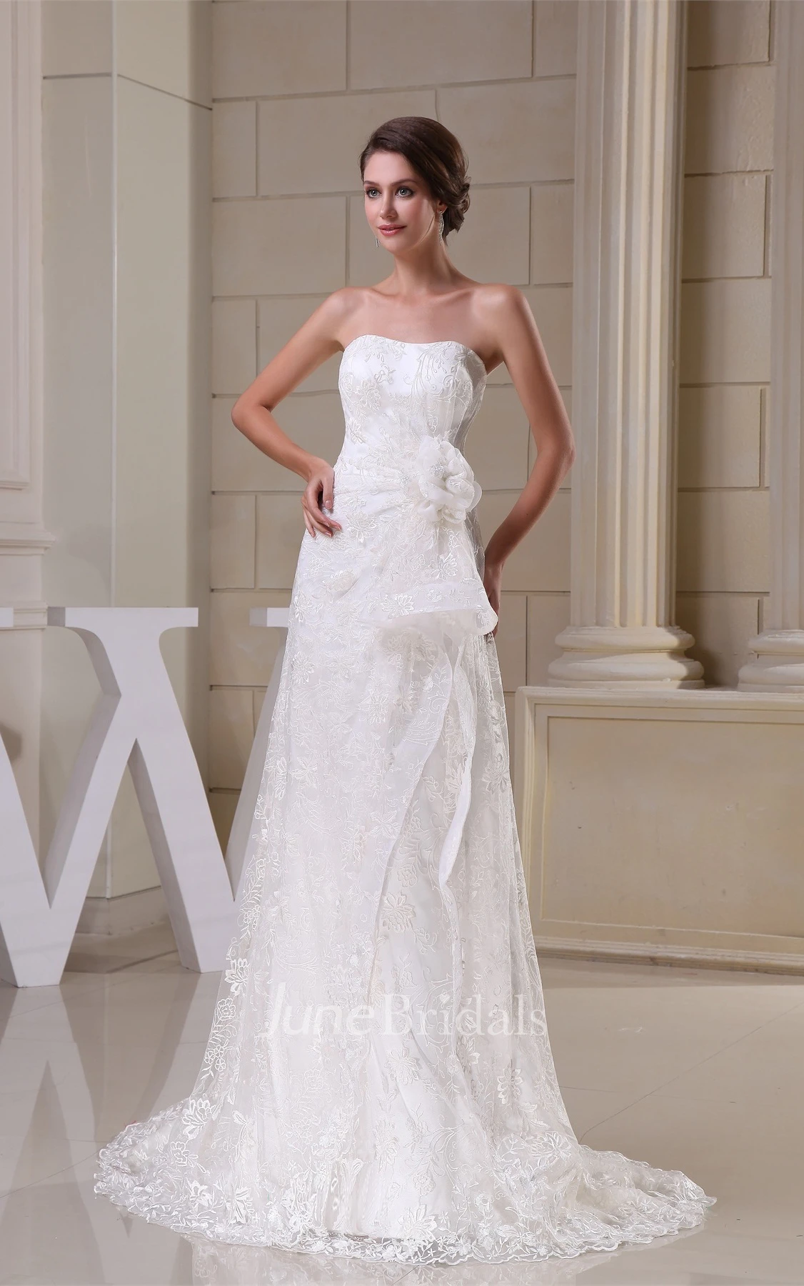 Strapless Lace Sheath Dress with Ruching and Flower