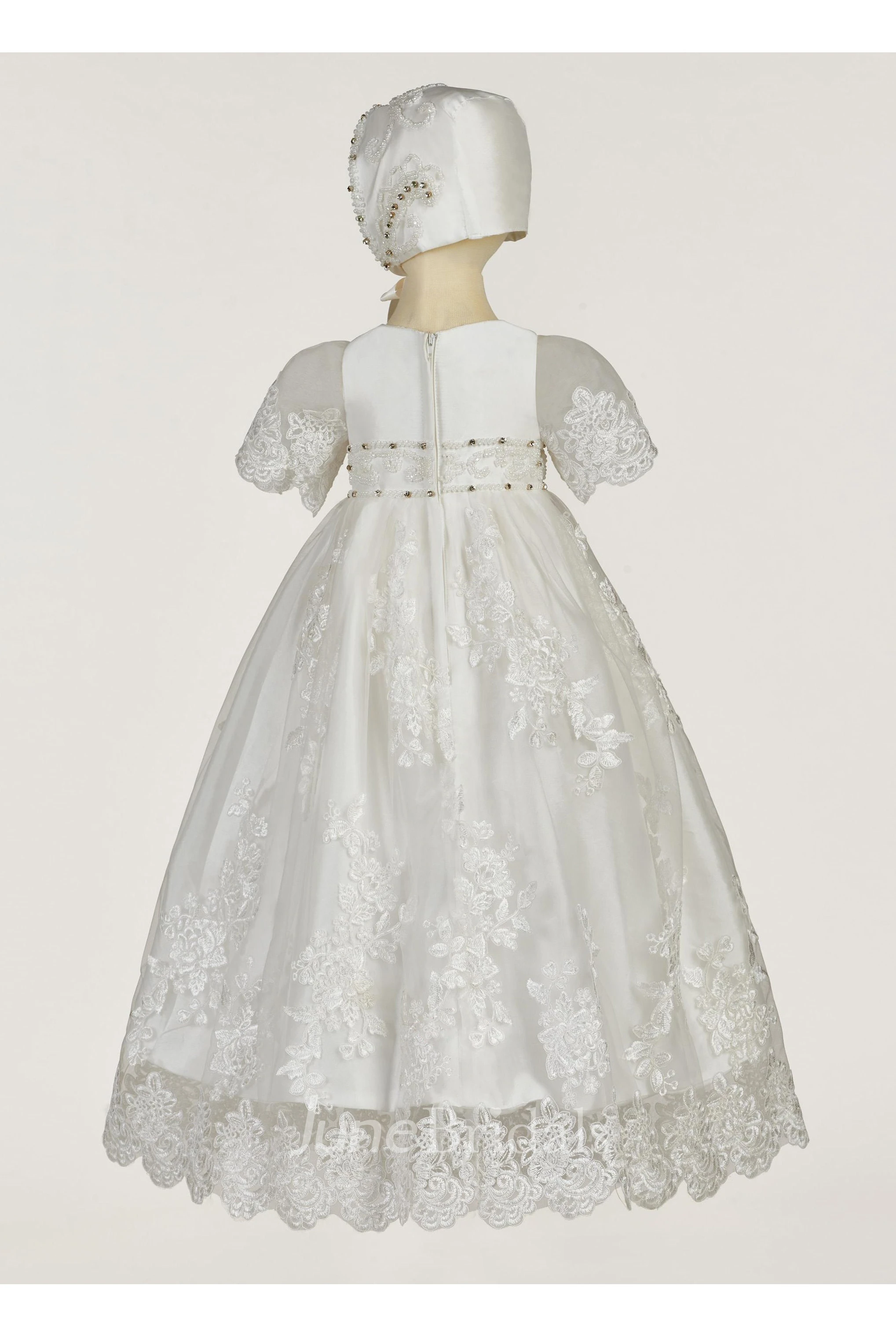 Exceptional Beaded Christening Gown With Lace Appliques