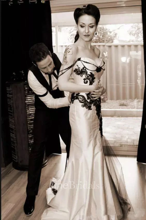 Mermaid Off-the-shoulder Satin Sweep Train Sleeveless Wedding Dress with Appliques and Cascading Ruffles