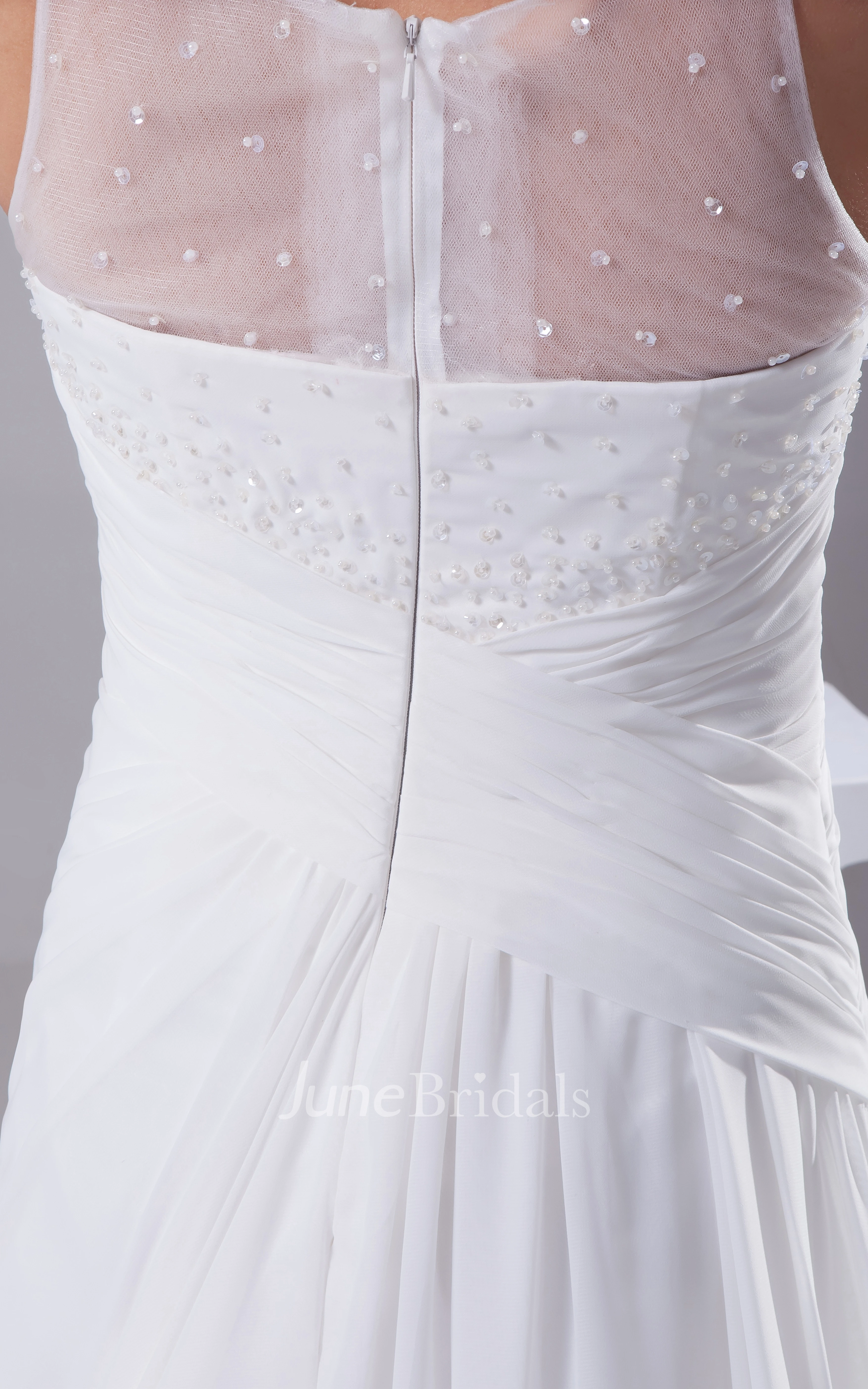 Illusion-Neck Criss-Cross Ruched Chiffon Dress With Beading