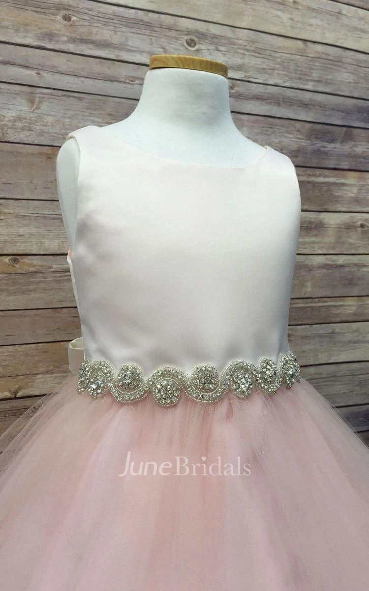 Sleeveless Jewel Neck Beaded Tulle Dress With Satin Bodice