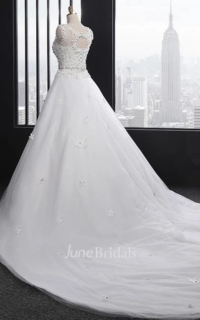 Scoop Neck Long A-line Tulle Wedding Dress With Ruffles And Appliques