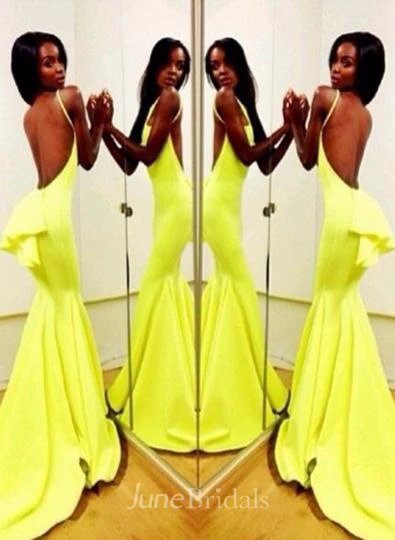 Sexy Backless Yellow Mermaid Prom Dresses Sleeveless Spaghetti Straps Evening Gowns