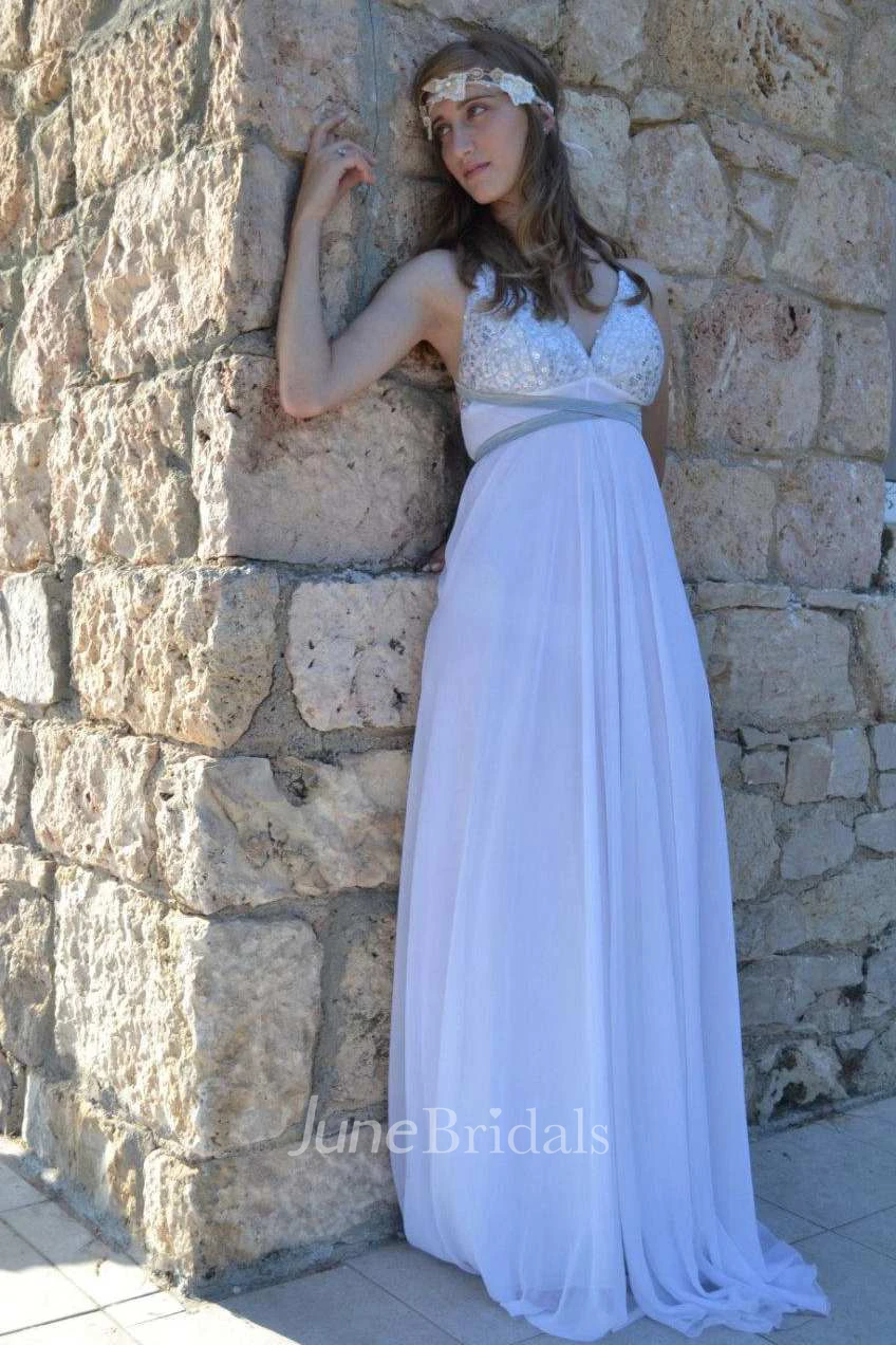 Plunged Sleeveless Chiffon Empire Wedding Dress With Beading And Draping