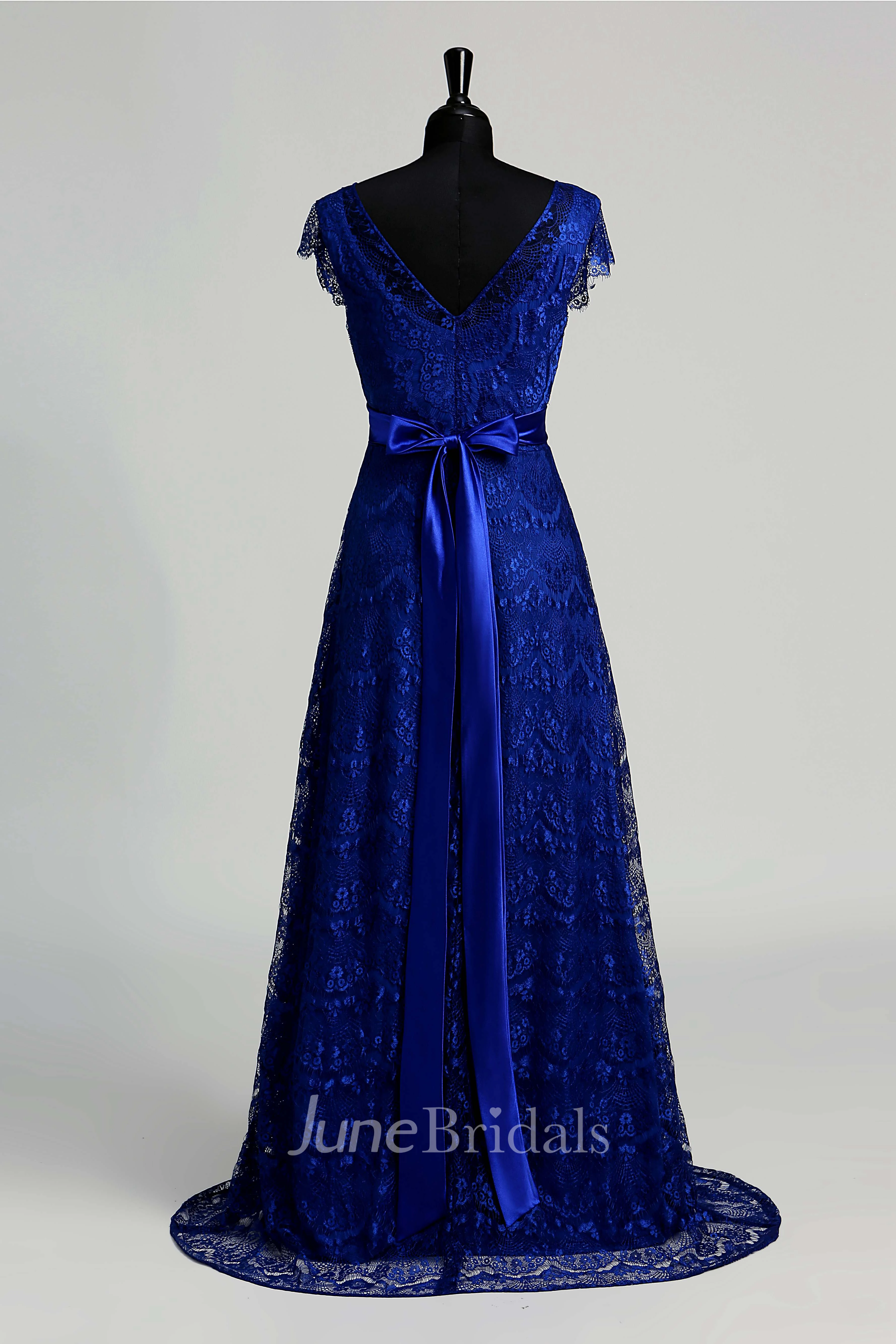 Floor-length A-line V-neck Cap Short Sleeve Low-V Back Lace Maternity Dress with Sweep/Brush Train