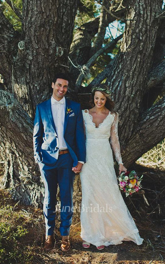 Sheath Short V-Neck Long Sleeve Bell Illusion Pleats Illusion Court Train Backless Illusion Lace Dress