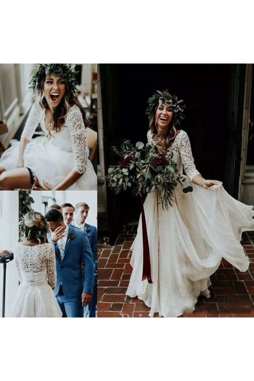 Two Piece V-neck Illusion 3-4 Length Sleeve Floor-length Lace Wedding Dress with Ruching Ruffles