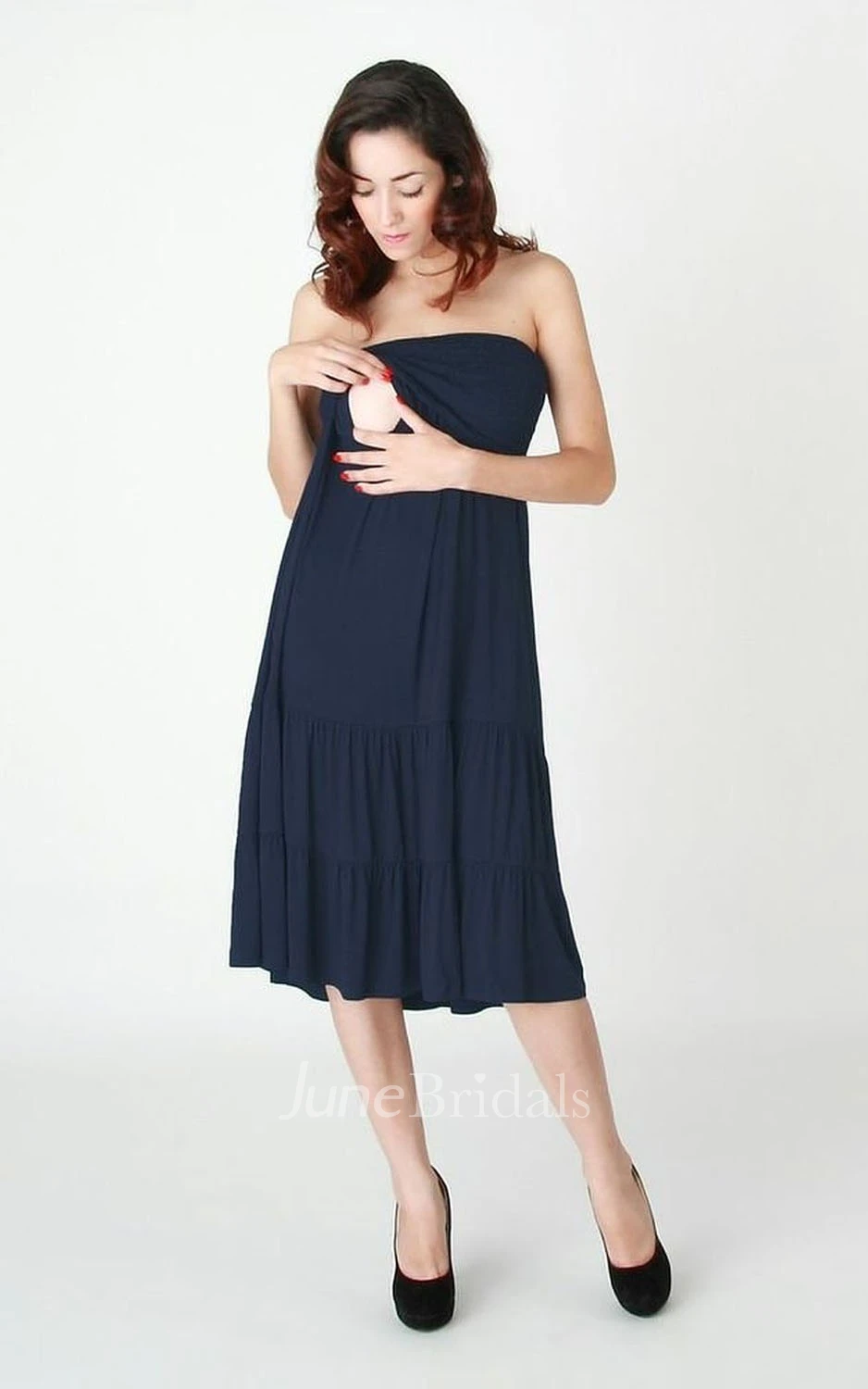 Strapless Midi-length Pleated Ruffled Satin Maternity Dress