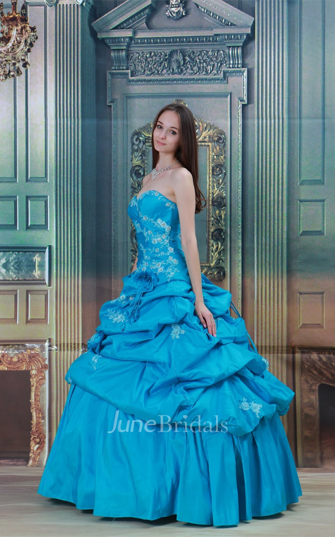 sweetheart a-line ball pick-up gown with flower and appliques