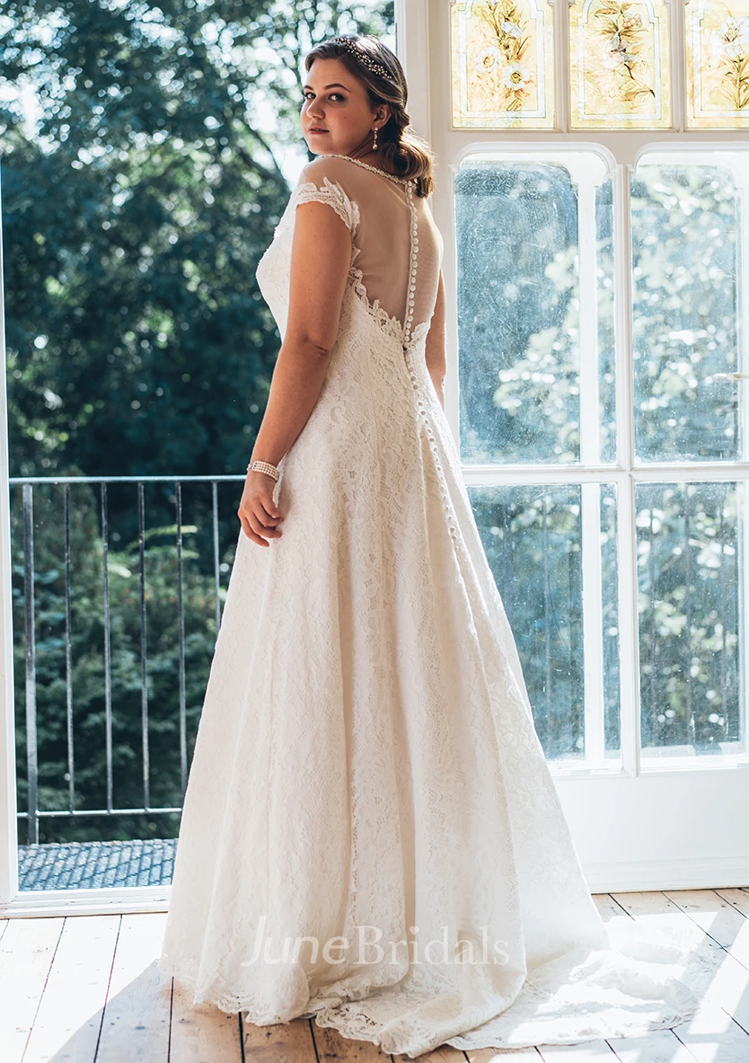 A-Line Long Bateau Neck Short Sleeve Lace Brush Train Illusion  Dress