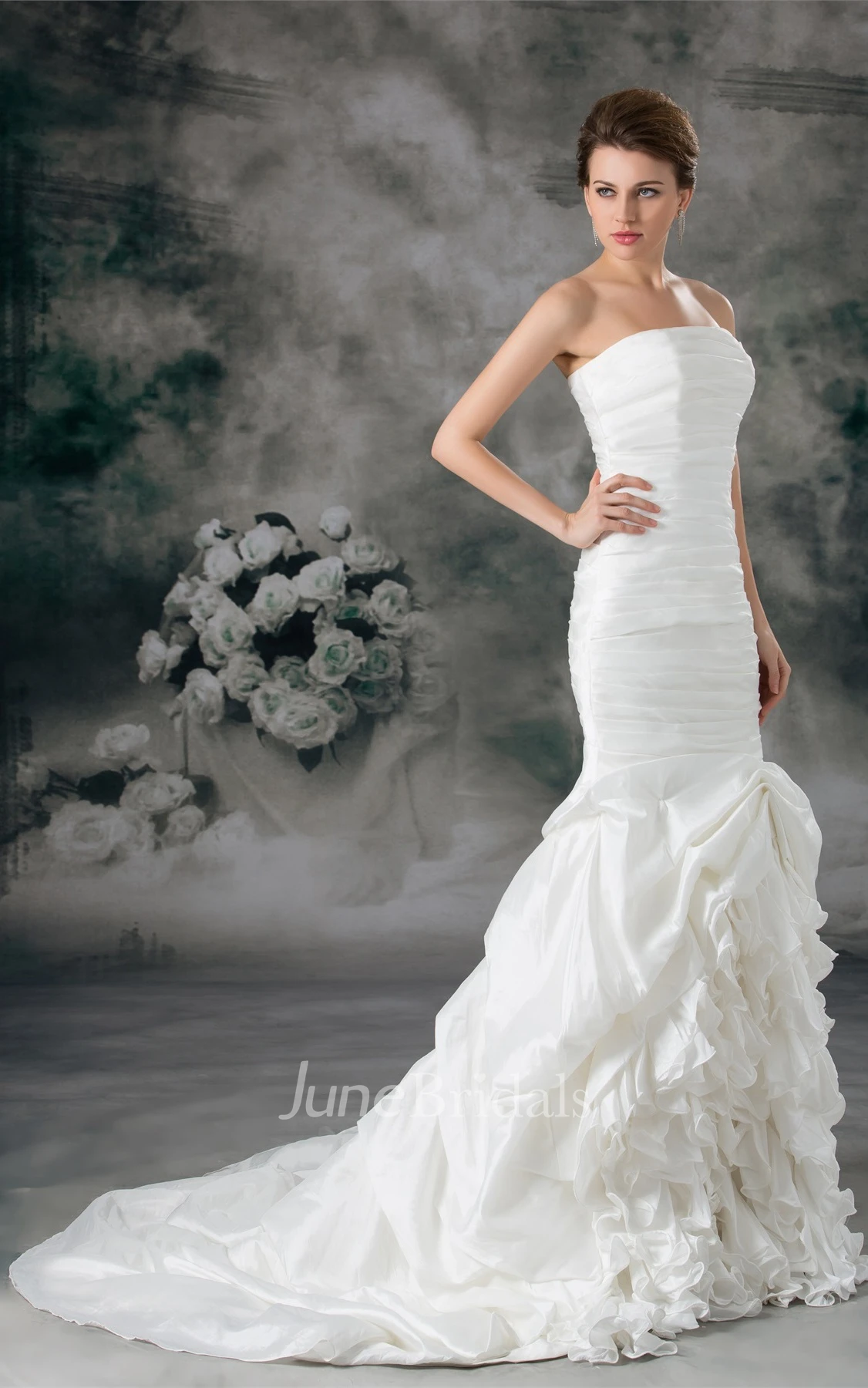 strapless a-line column gown with ruffled skirt and ruching