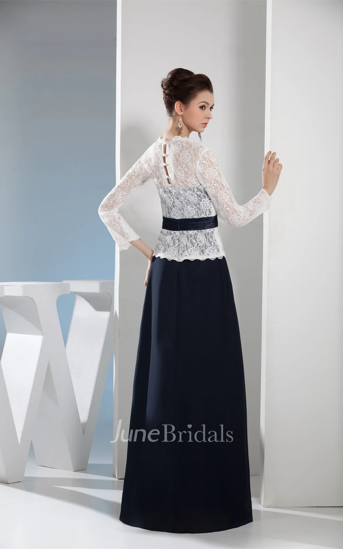 Two-Tone V-Neck Floor-Length Dress with Lace Top