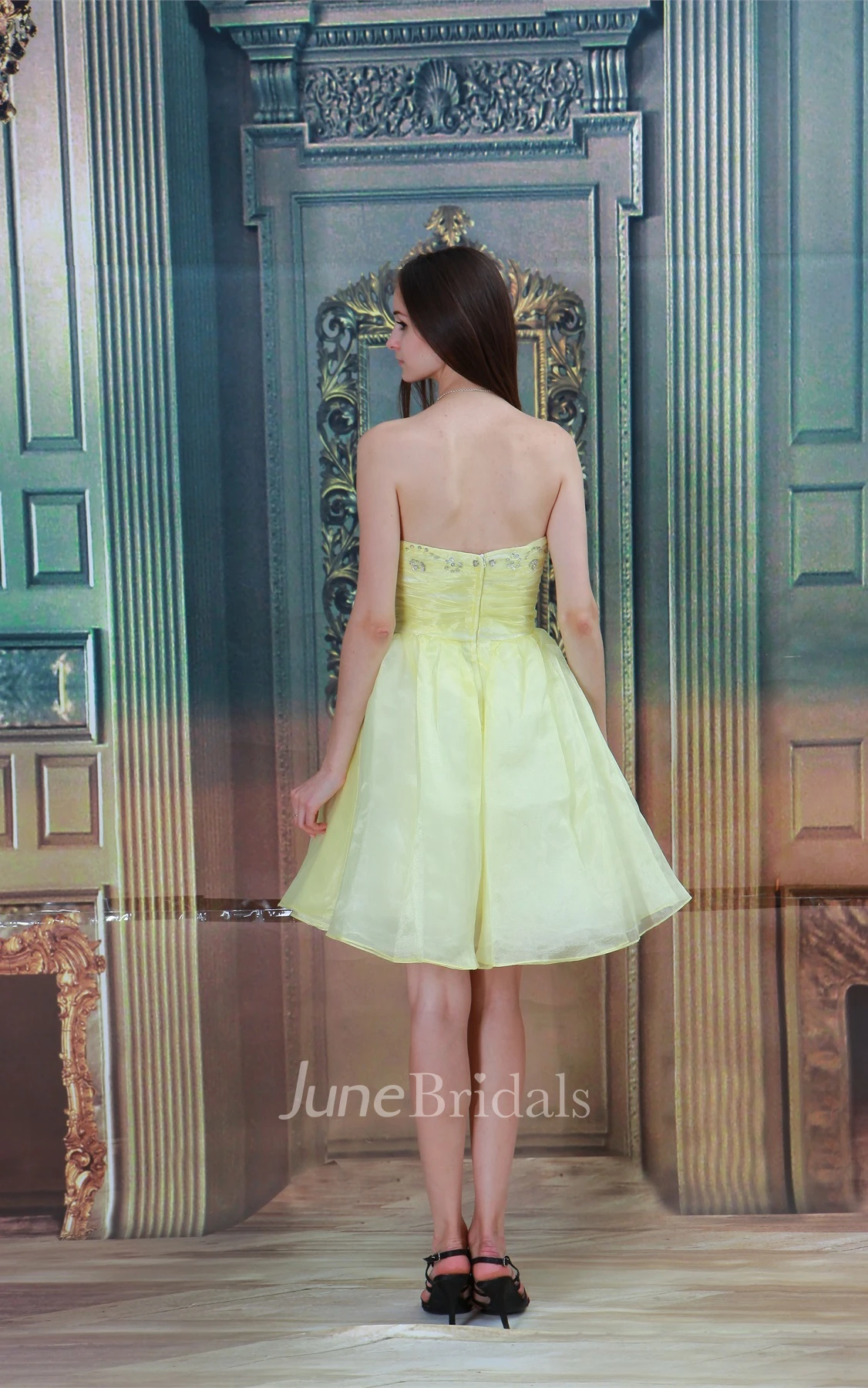 Strapless Midi A-Line Dress with Pleats and Beading