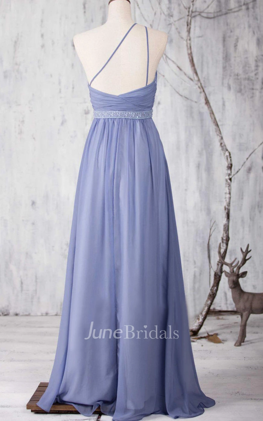 One Shoulder Criss Cross Bodice A-line Chiffon Long Dress With Beading