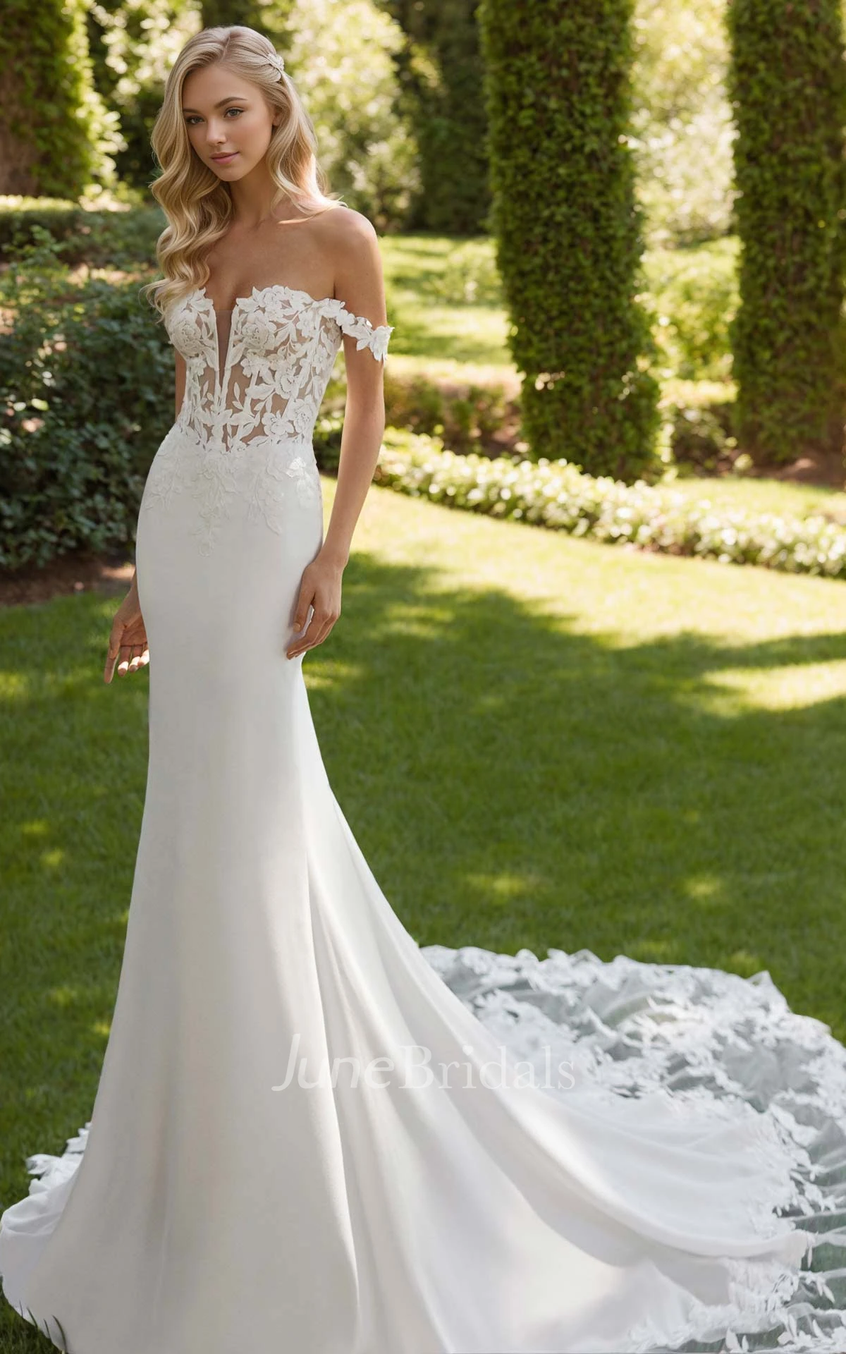 Sexy Elegant Off-the-shoulder Mermaid Jersey Lace Flowers Warm Wedding Dress Vintage Romantic Floor-length Sleeveless Open Button Back Bridal Gown with Train