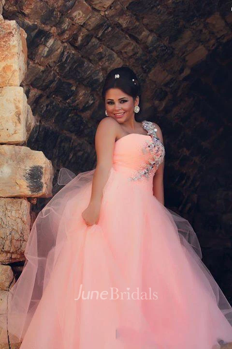 Chic Tulle Crystals Princess Pink Wedding Dress One Shoulder
