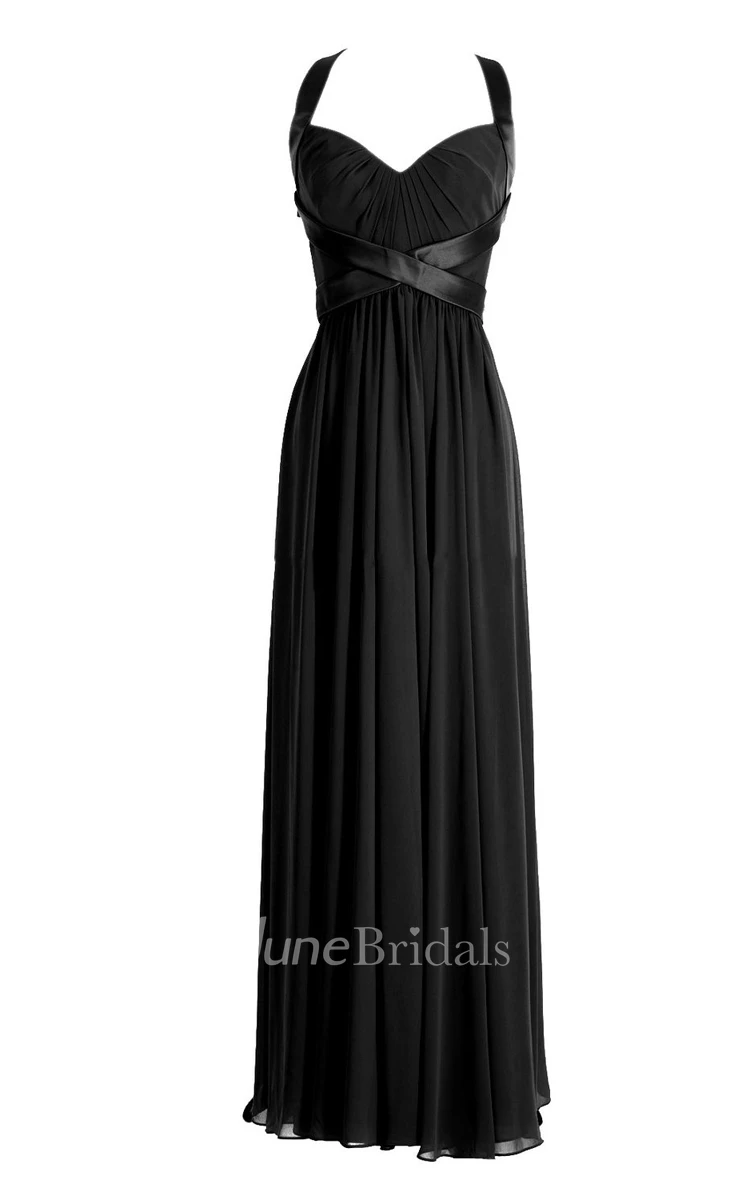 Halter Pleated Chiffon A-line Gown With Deep-v Back