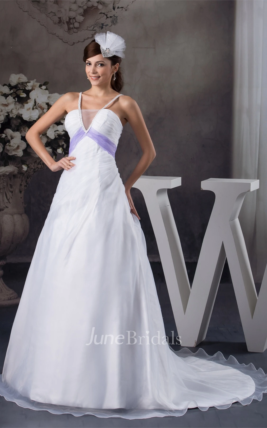 Sleeveless Ruched A-Line Gown with Beading and Court Train