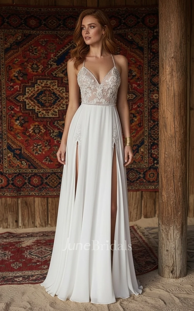 Sexy Boho Lace Beach Wedding Dress with Deep V-Neck Flowy Chiffon Bridal Gown for Destination Weddings