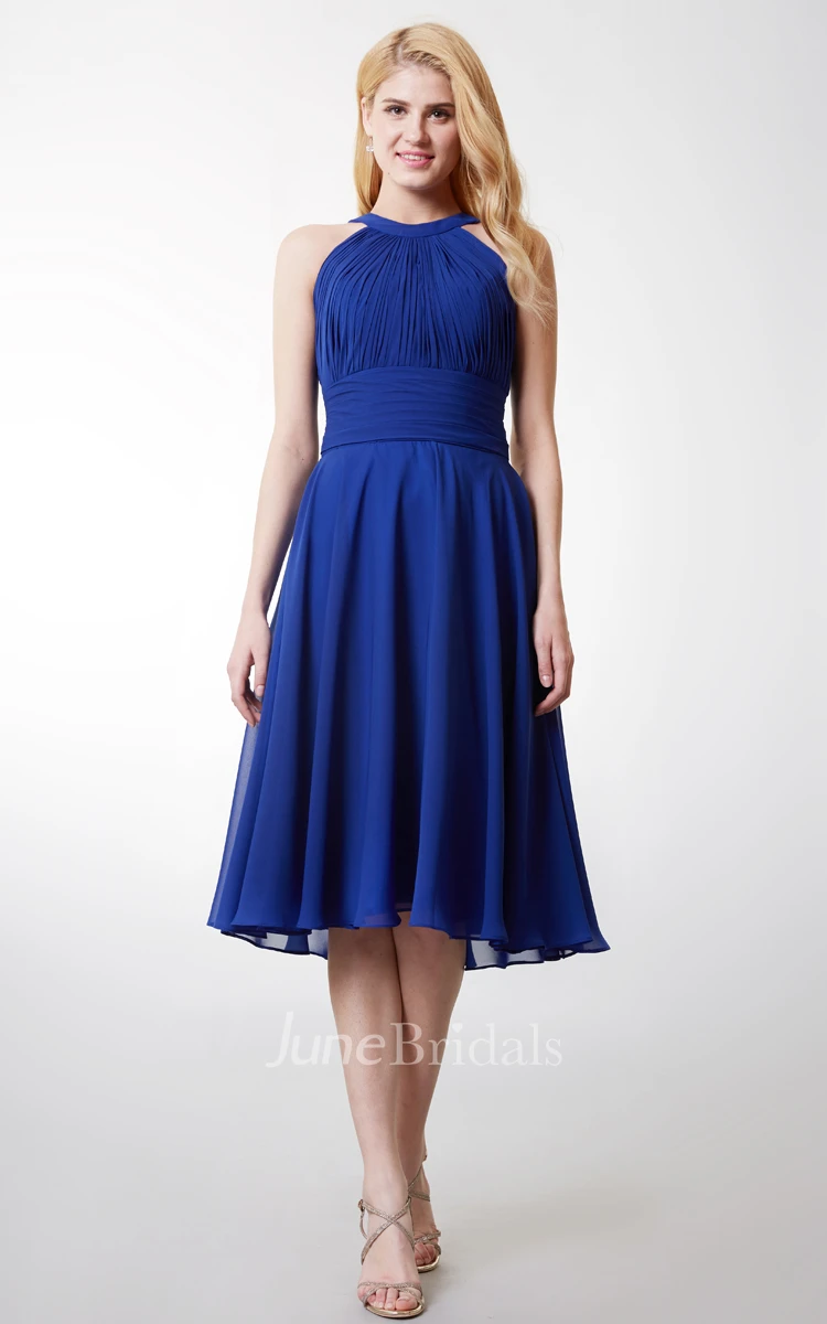 A-line High Neck Tea Length Bridesmaid Dress With Keyhole Back