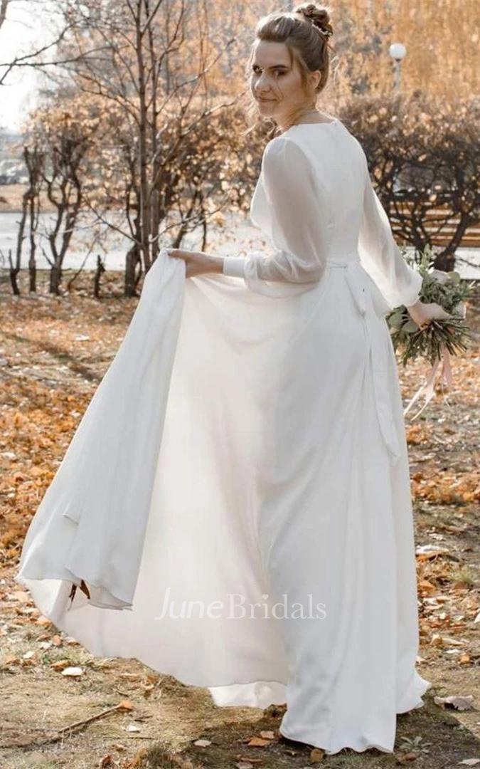 Ethereal A Line V-neck Chiffon Wedding Dress with Sash and Split Front