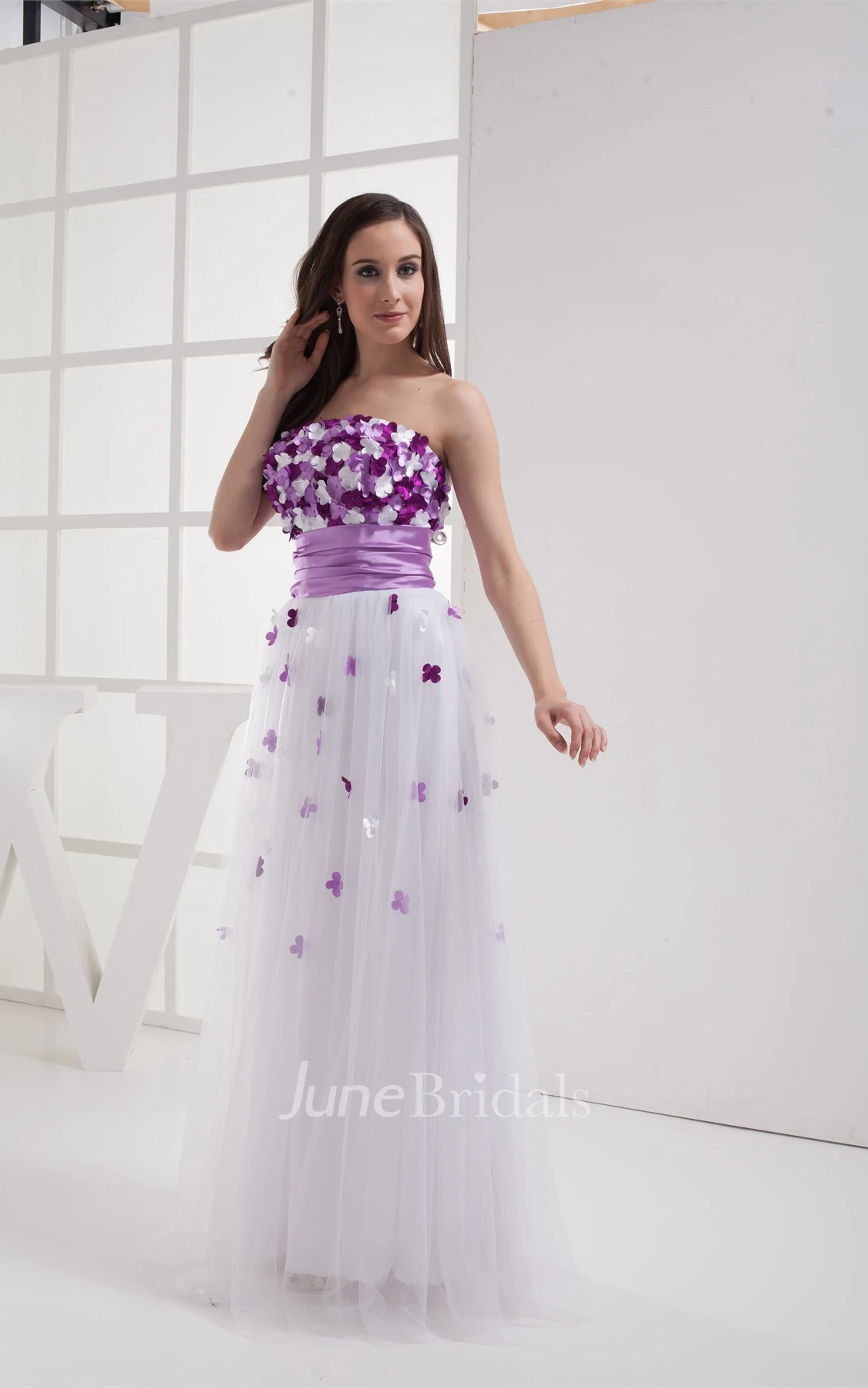 Two-Tone Tulle Floor-Length Dress with Pleats and Floral Top
