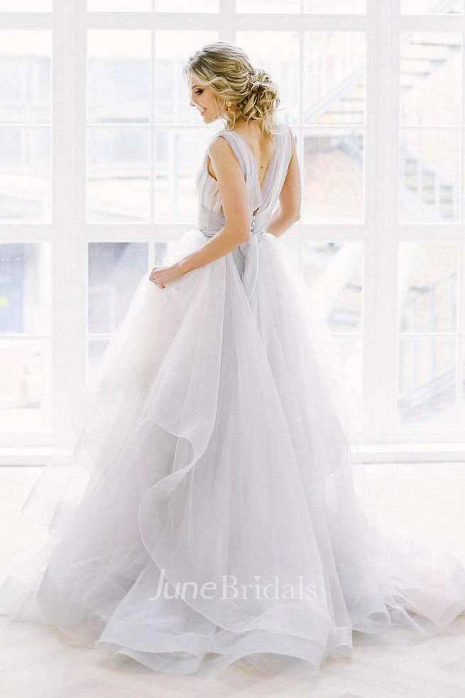Plunged Tulle A-Line Ball Gown Ruched Dress