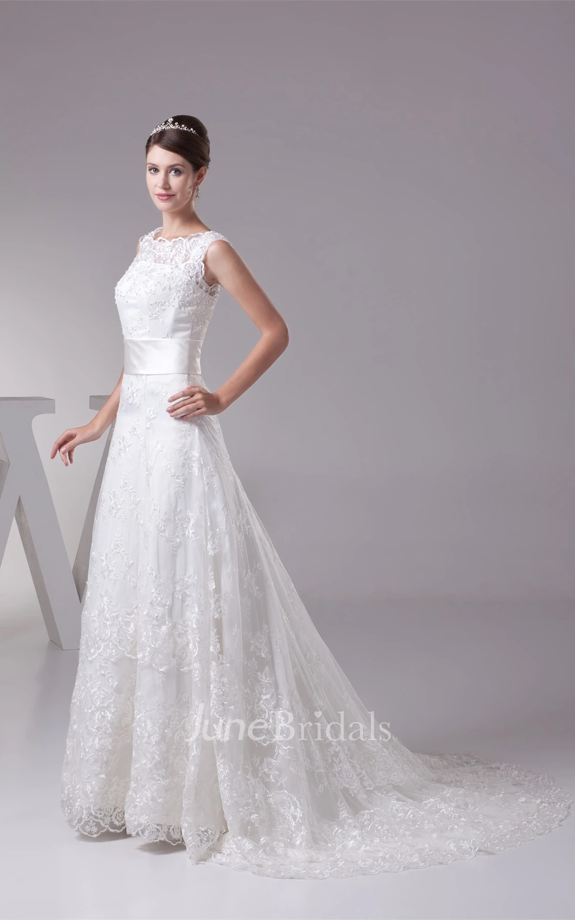 Bateau-Neck Sleeveless A-Line Gown with Appliques