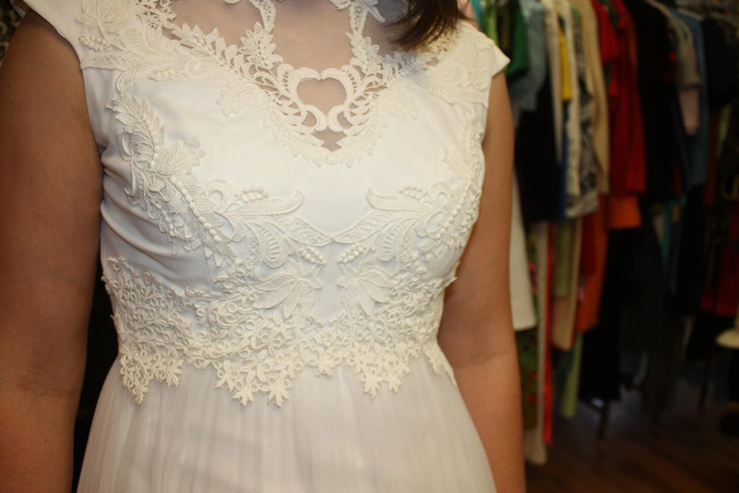 High Neck Cap Sleeve Tulle Wedding Dress With Lace Hemline