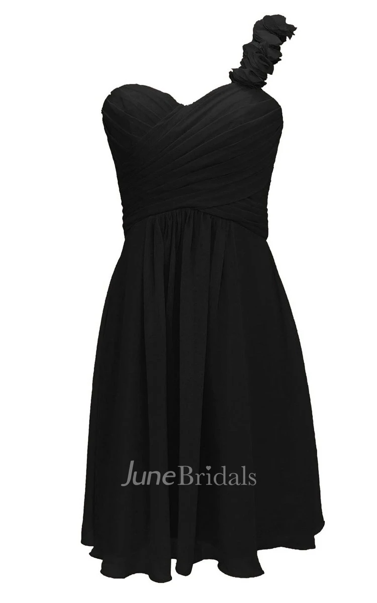 Floral One-shoulder Pleated Short Dress With Lace-up Back