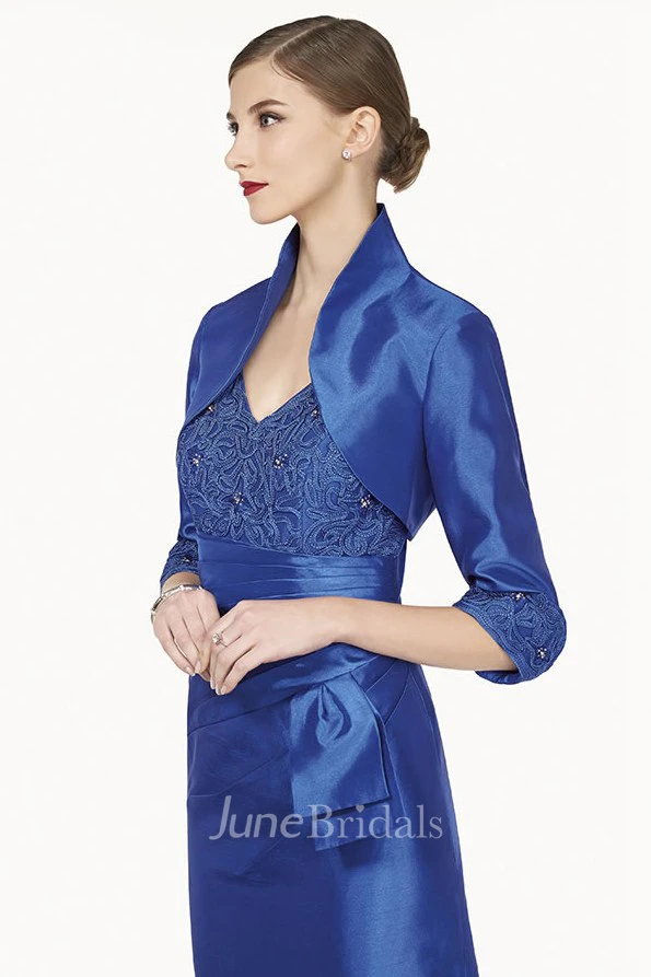 Satin Knee Length Prom Dress with Removable Jacket V Neck Sheath