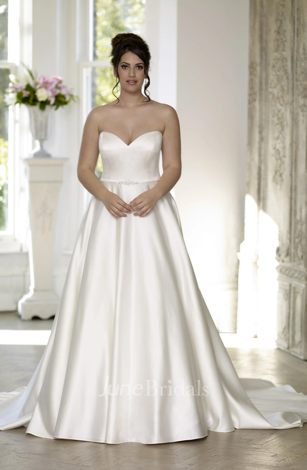 A-Line Long Sweetheart Satin Court Train Corset Back  Dress