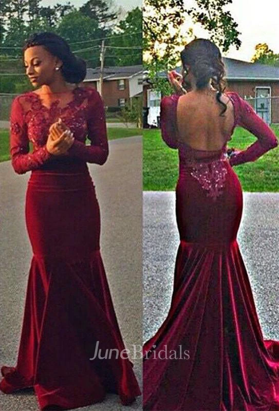 Gorgeous Long Sleeve Burgundy Evening Dresses Long Mermaid Lace Appliques