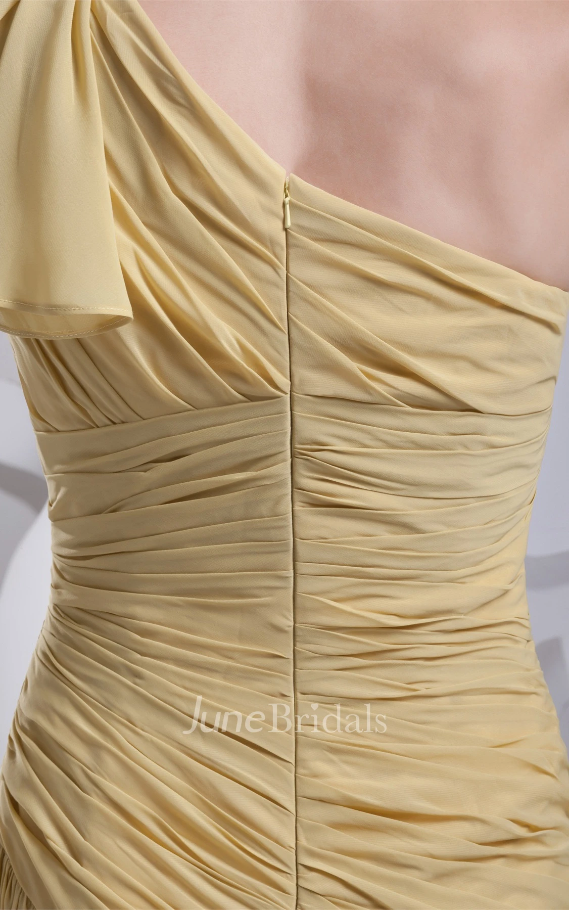 Ruched One-Shoulder Sleeveless A-Line Gown with Pleats and Ruffles