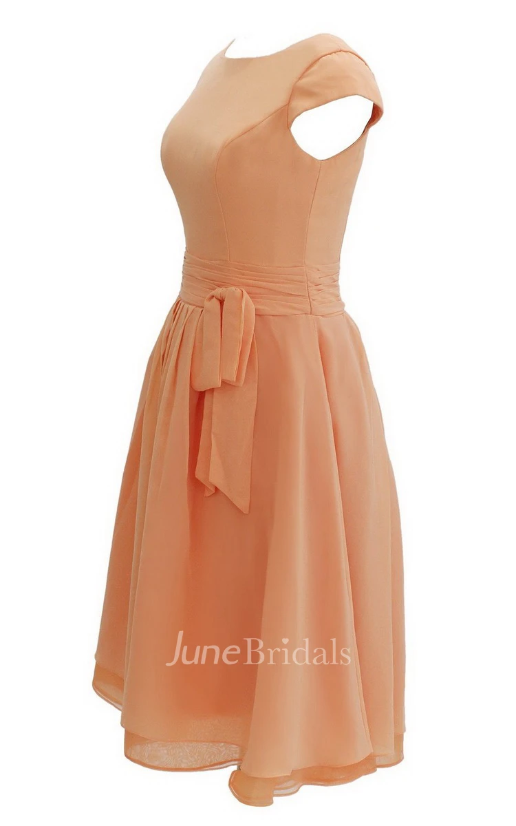 Cap-sleeved Knee-length Chiffon Dress With Ribbon