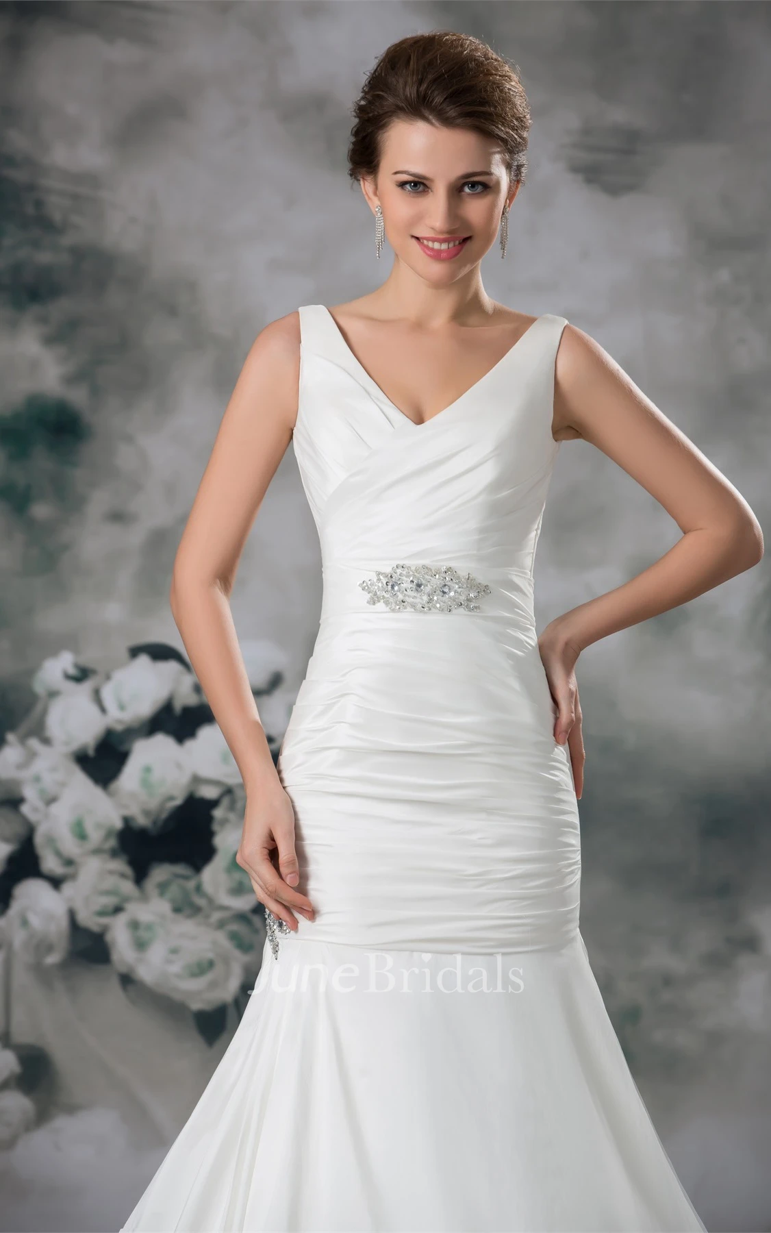 v-neck a-line trumpet sleeveless gown with brush train and beading