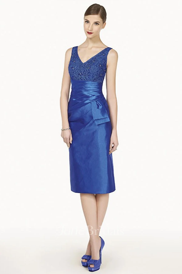 Satin Knee Length Prom Dress with Removable Jacket V Neck Sheath