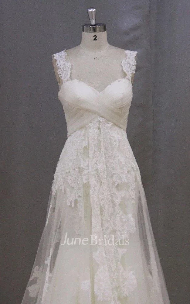 Long Sleeveless A-Line Lace Wedding Dress With Empire Waist