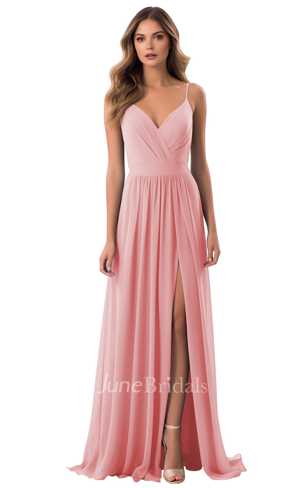 Simple A-Line V-neck Spaghetti Chiffon Bridesmaid Dress with Split Front