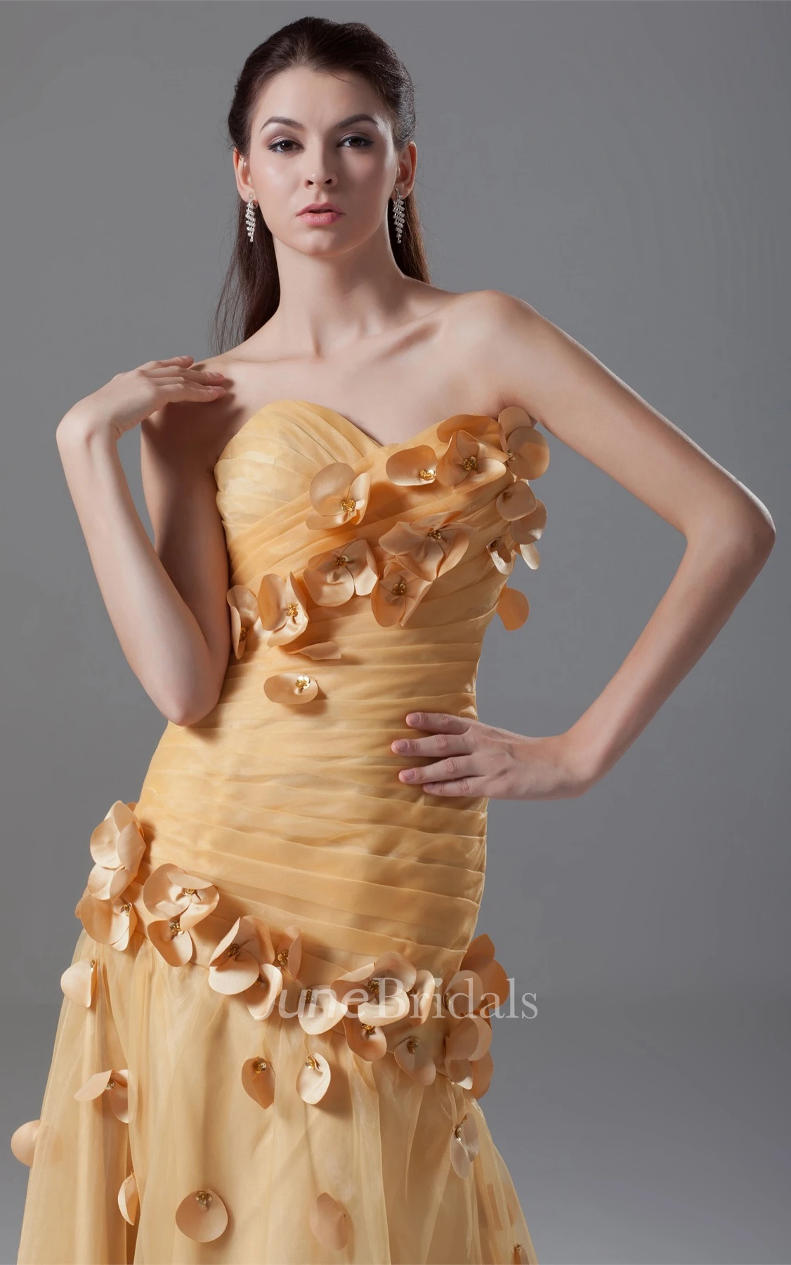 sweetheart tulle criss-cross dress with ruching and flower